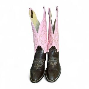 Hondo x Wall Drug Pink & Brown Leather Cowboy Boots Size 7 Made in USA.